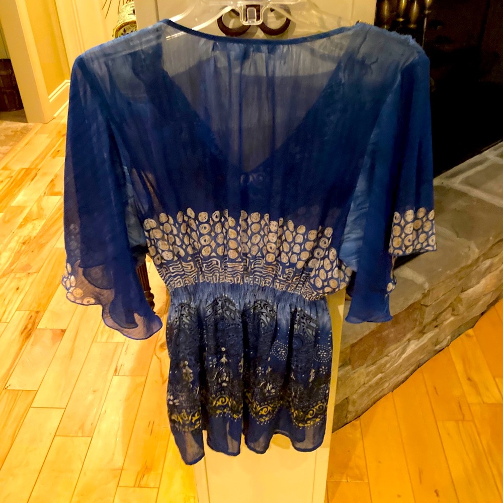 Cobalt blue sheer top with copper beading